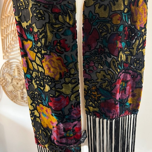 CCC Accessories - Vintage Burnout Velvet Floral Fringe Scarf Devoré Silk Blend Oblong Wrap Jewel